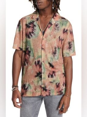 John Varvatos Estrela Tie Dye Slub Linen Camp Shirt
